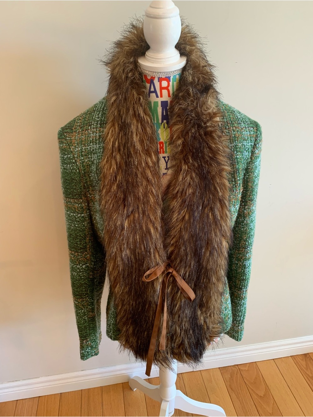Harve Benard Green Tweed Blazer with Brown Faux Fur Collar